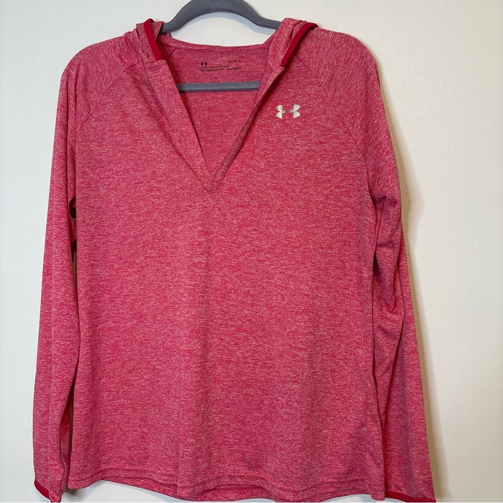 Under Armour pink heather tech hooded long sleeve tee women's Large